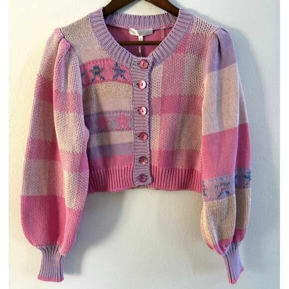 LoveShackFancy NWT Bedford Pink Purple Stripe Cotton Candy Cropped Cardigan M - Picture 12 of 12